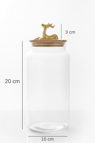 1400 Ml Borosilikat Cam Kavanoz - Altın Geyikli Figür Bambu Kapaklı Lüks Saklama Kabı