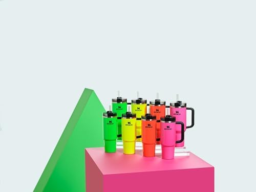H2.0 FlowState Paslanmaz Çelik Vakum Yalıtımlı Bardak Kapaklı ve Pipetli Su, Buzlu Çay veya Kahve, Smoothie ve Daha Fazlası için, Neon Sarı, 40 oz
