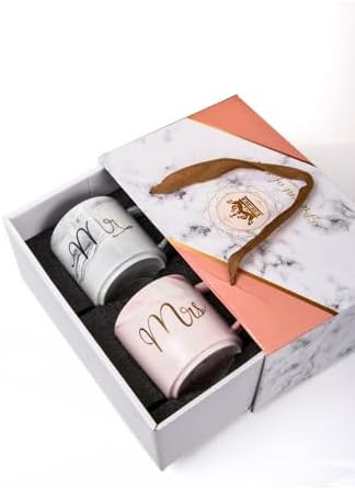 Lüks Mermer Desenli Mr & Mrs 2'Li Porselen Kupa Seti – 400 Ml, Hediyelik Kutulu,Çok Renkli - Görsel 2