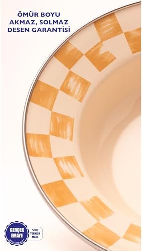 Beige Dama Desenli Emaye Çukur Makarna Ve Salata Tabağı 24Cm
