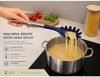 Silikon Makarna Servis Kaşığı, Paslanmaz Çelik Saplı, Lacivert, 34 cm - Görsel 2