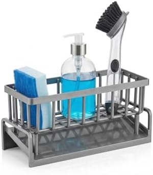 Lavabo Organizeri Tezgah Üstü ABS Plastik Mutfak Organizer Banyo Düzenleyici Evye Üstü Süngerlik Sabunluk Organizer Su Hazneli Gri Raf (Metalik Gri) - Görsel 3
