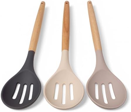 Bambu Saplı Silikon Delikli Servis Kaşığı, Bambu Uzun Silikon Delikli Servi Kaşığı 27cm 3 Renk Seçenekli (SİYAH)