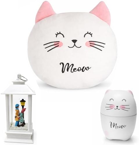 Kedi Temalı Dekoratif Tasarıma Sahip Hediye Seti – Peluş Kedi Yastık + Buhar Makinesi Nemlendirici + Sevgili Figürlü Kar Küresi | Dekoratif Hediye Seti - Görsel 2