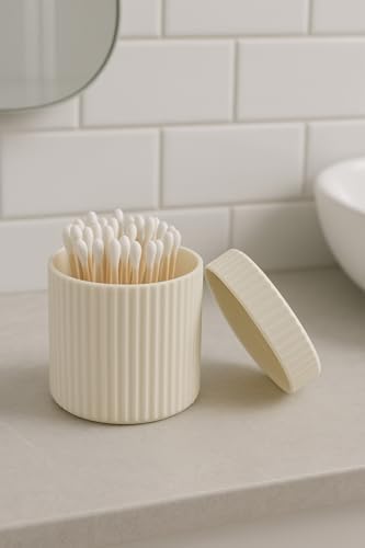 Alternative view of 3'lü Banyo Düzenleyici Seti Toka Kutusu Pamukluk Makyaj ve Kulak Çubuğu Kutusu Organizeri Krem Renkli Çizgili Mat Yüzey