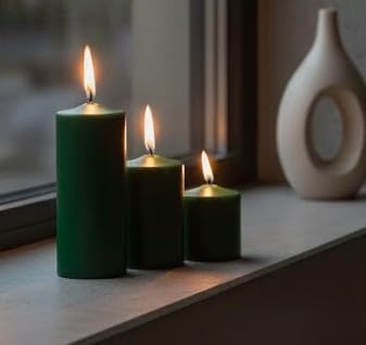 3’lü Silindir Blok Mum Seti, Koyu Yeşil Dekoratif Sütun Mumlar, İçten Yanan Fitil, 7 cm Çap, 7, 10, 15 cm Yükseklik, Ev Dekorasyonu, Masa ve Özel Gün Süsleme Mum Seti