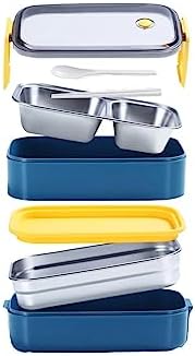 1400ml Lunchbox İki Katlı 2 Bölmeli Çelik Sefer Tası Yemek Kutusu (Lacivert-Sarı)