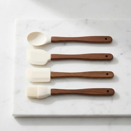 4'lü Mini Akasya Ahşap Saplı Silikon Spatula Seti - 21 cm Kavanoz Sıyırma, Pasta Süsleme ve Yumurta Fırçası - Yanmaz Yapışmaz Krem Mutfak Seti - Görsel 3