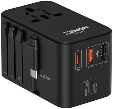 Xenon Smart Priz Dönüştürücü | 70W GaN Hızlı Şarj 200+ Ülke Dahili USB-C Kablo USB-C 2x USB-A X6411