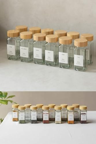 12'li Bambu ve Akasya Kapaklı Cam Baharatlık Seti 120 ml - Doğal Ahşap Kapaklı, Şeffaf Cam, Sağlıklı ve Şık Baharat Kavanozları (Bambu Kapak) - Görsel 3
