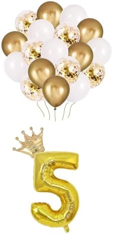 5 Rakam Gold Folyo Balon, Kral Tacı Ve Konfetili Gold Balon