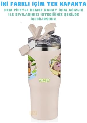 Diller 950ml Sevimli Kapibara Tumbler Pipetli/Pipetsiz Kullanım Kulplu Paslanmaz Çelik Capybara Termos - Görsel 3
