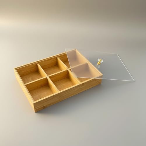Alternative view of Bambu Organizer Kutu, 6 Bölmeli, Şeffaf Kapaklı, Kristal Kulplu, 30x20x6 cm, Çay ve Baharat Düzenleyici, Takı Düzenleyici