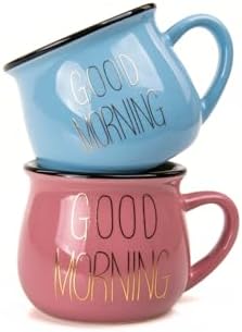 Alternative view of 2'Li Emaye Görünümlü Porselen Kupa Seti Good Morning Gold Yazılı 150 Ml,Pembe & Mavi
