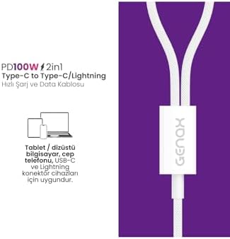 2in1 100W PD Type-C ve Lightning Hızlı Şarj Kablosu 120cm Beyaz, 115GNXY355 - Görsel 3