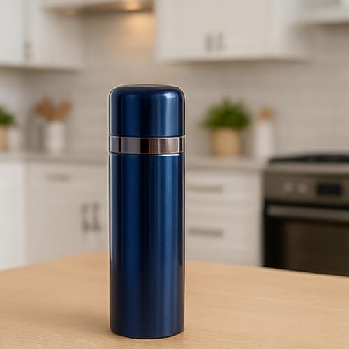 500 ml Gümüş - Mavi - Pembe Paslanmaz Çelik Termos – Çift Katmanlı Vakumlu, 24 cm, Isı Yalıtımlı Sızdırmaz Seyahat ve Ofis Matara (Mavi)