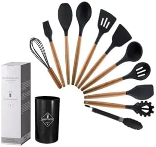 Silikon Spatula Mutfak Gereçleri Seti, 12 Parça, Ahşap Saplı, Siyah Kaşıklık Hediyeli