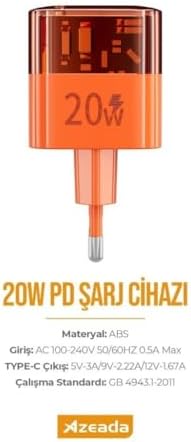 Alternative view of Azeada LINSU 20W Type-C Hızlı Şarj Adaptörü Turuncu PD-A31 (20w Tek Giriş, Şarj Başlık)