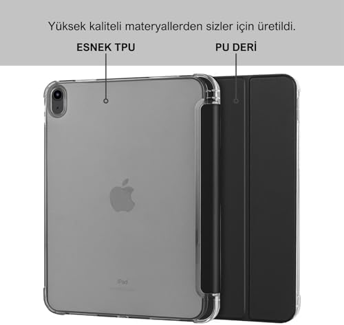 Apple iPad Air 5 / Air 4 10.9 inç Uyumlu Smart Kılıf, Apple Pencil Kalemlikli, Trifold, Esnek, Mat, Darbeye Tam Dayanıklı Tablet Kılıfı (Siyah)