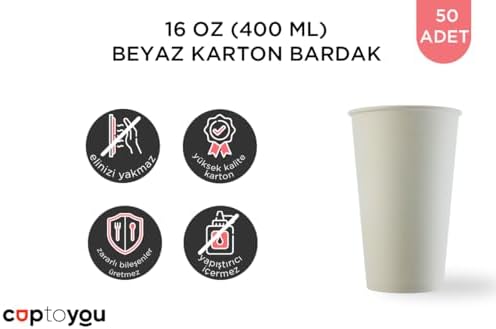 50 adet parti bardağı, beyaz tek kullanımlık karton bardak 16 oz, büyük kağıt bardak 400 ml, parti ihtiyaçları, çocuk partisi, sıcak ve soğuk içecekler, çay, kahve, meyve suyu - Görsel 3