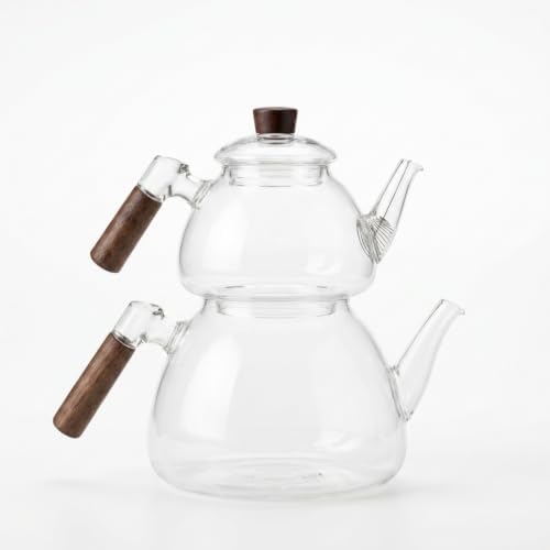1800 ml + 550 ml Akasya Cam Çaydanlık Takımı - Ahşap Kulplu, Isıya Dayanıklı Borosilikat Şeffaf Çaydanlık, Yaylı Süzgeçli Şık Lüks Tasarım