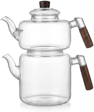 Akasya Cam Çaydanlık Takımı 1800 ml + 950 ml - Ahşap Kulplu Isıya Dayanıklı Borosilikat Şeffaf Çaydanlık