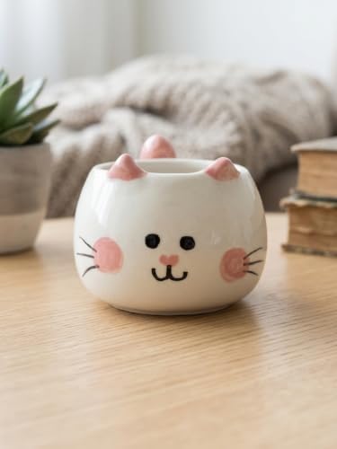 Sevimli Kedi Kupa 3D Kabartmalı El Yapımı Krem Parlak Kupa - El İşçiliği 3D Hediyelik Kupa - Görsel 3