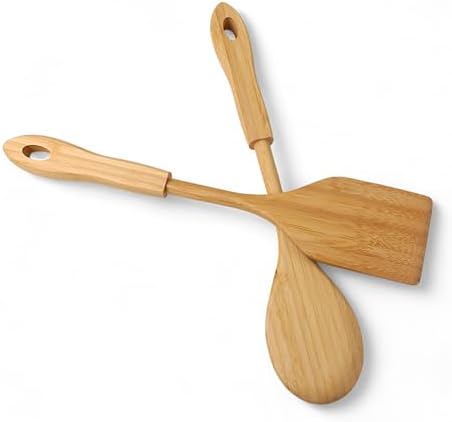 Bambu 2'li Servis Seti, Tavalarınız ve Kızarmanız İçin Spatula, Servisleriniz İçin Büyük Kaşık | 2 Adet Lüks Bambu Set