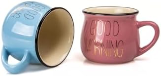 2'Li Emaye Görünümlü Porselen Kupa Seti Good Morning Gold Yazılı 150 Ml,Pembe & Mavi