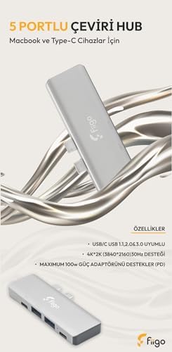 fiigo MacBook ve TYPE-C Cihazlar İçin 5 Portlu HUB - Görsel 3