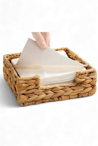 El Yapımı Örme Doğal Su Sümbülü Hasır Peçetelik (19 * 19 * 7cm) - Yemek Masası Üstü Kağıt Peçetelik Doğal Geri Dönüşümlü.