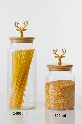 Alternative view of 2’Li Altın Metal Geyik Figürlü Bambu Kapaklı Cam Kavanoz – Saklama Kabı 1400Ml + 890 Ml