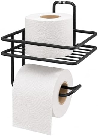 Yapışkanlı Siyah Raflı Tuvalet Kağıtlığı, Delmeden Montaj Duvar Tipi Tuvalet Kağıdı Tutucu, Banyo ve WC Organizer