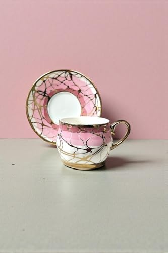 6 Kişilik Lüks Porselen Pembe Ton Altın Yaldızlı Kahve Fincan Seti - 100 ml - Görsel 3