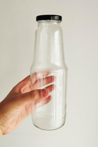 1000 ml Şeffaf Meyve Suyu Şişesi, Meşrubat, Limonata Şişesi Metal Kapaklı 1000 Cc Boş Cam Şişe (6, Siyah Kapak, 1000, Mililitre)