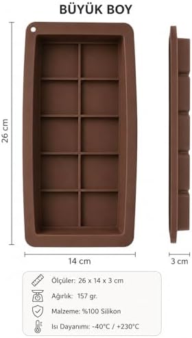 Dubai Çikolata Kalıbı Silikon Tablet Çikolata Yapım Kalıbı 10 Gözlü (Büyük Boy (26x14x3 cm))