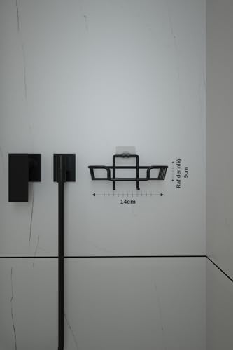 Alternative view of Siyah 3’lü Yapışkanlı Banyo Seti, 2 Raf ve 1 Kancalı Sabunluk, Duvar Tipi Şampuanlık ve Banyo Organizer, Delmeden Kolay Montajlı Banyo Raf Seti