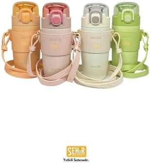 Diller 360ml Moda Deri Kılıflı Pipetli Askılı Pastel Renkli Paslanmaz Çelik Termos Matara (Pembe) - Görsel 3
