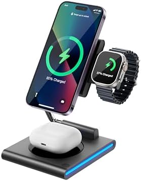 3-in-1 Kablosuz Şarj Standı, Telefon Saat Kulaklık için, Ayarlanabilir Açılı, LED Işıklı, Gri iPhone ile Uyumlu-Watch ile Uyumlu-Airpods