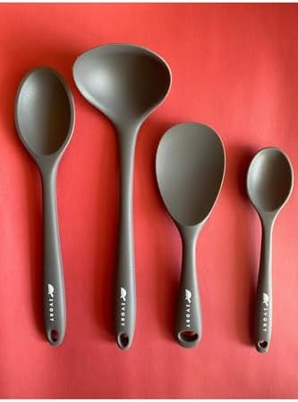Isıya Dayanıklı Silikon Kevgir Kepçe Kaşık Spatula Seti, 6 Parça, Gri
