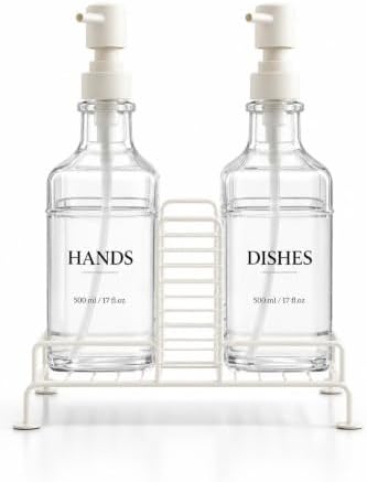 2'li Stantlı Ekru Sıvı Sabunluk Seti, Mutfak ve Banyo İçin Tezgah Üstü Pompalı Sabun ve Deterjan Dispenseri, 500 ml x 2