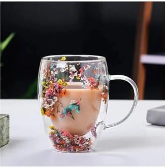 350 ml Isıya Dayanıklı Borosilikat Çift Çidarlı Flower Cup Bardak Çiçekli Kahve Sunum Bardağı - Görsel 2
