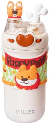 Diller 520ml Sevimli Hayvanlar Süslü Pipetli/Pipetsiz Boyun Askılı Paslanmaz Çelik Termos (Puppy Party) - Görsel 3