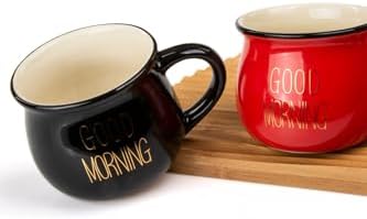 2'Li Emaye Görünümlü Renkli Porselen Kupa Seti Good Morning Gold Yazılı 250 Ml,Siyah & Kırmızı