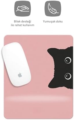 HobiShop(105) Pembe Kedi Çizimli Bilek Destekli Dikdörtgen Mouse Pad Mouse Altlığı. Pembe