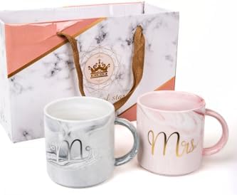 Lüks Mermer Desenli Mr & Mrs 2'Li Porselen Kupa Seti – 400 Ml, Hediyelik Kutulu,Çok Renkli - Görsel 3