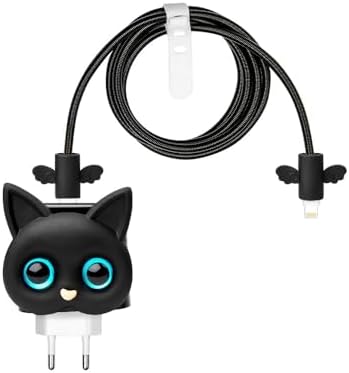 iPhone 18W/20W ile uyumlu Siyah Kedi Şarj Başlığı 3D Animasyon Şarj Başlığı ve Kablo Koruyucu Set - Görsel 3
