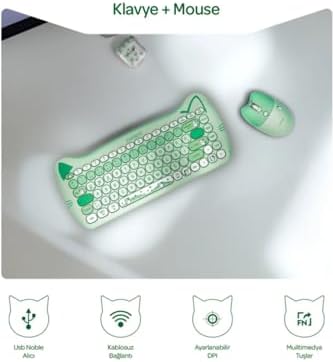 Km-6285 Catty Mini Wireless-Bluetooth Kablosuz Ultra Sessiz Özel Tasarımlı Q Klavye Mouse Set Yeşil - Görsel 3