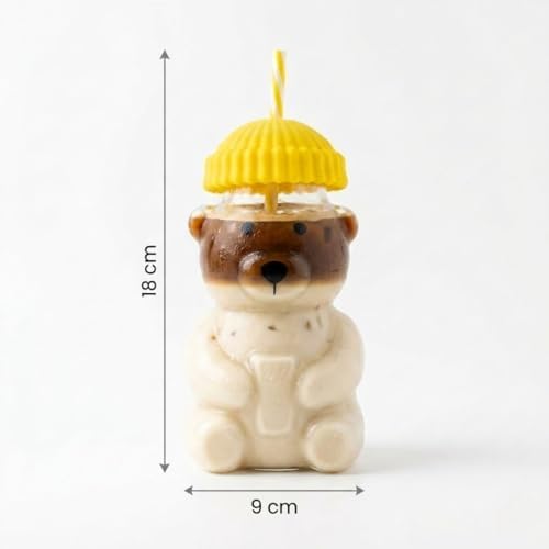 Alternative view of Sevimli Ayı Şekilli Cam Bardak, Pipetli ve Kapaklı, Renkli Şemsiye Tasarım, Meyve Suyu ve Soğuk İçecekler için (Sarı)
