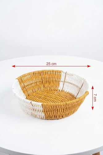 Yuvarlak Çift Renkli Plastik Rattan Sepet, Çok Amaçlı Banyo ve Mutfak Düzenleyici, Yıkanabilir Ekmek Meyve Sepeti, 25x7 cm